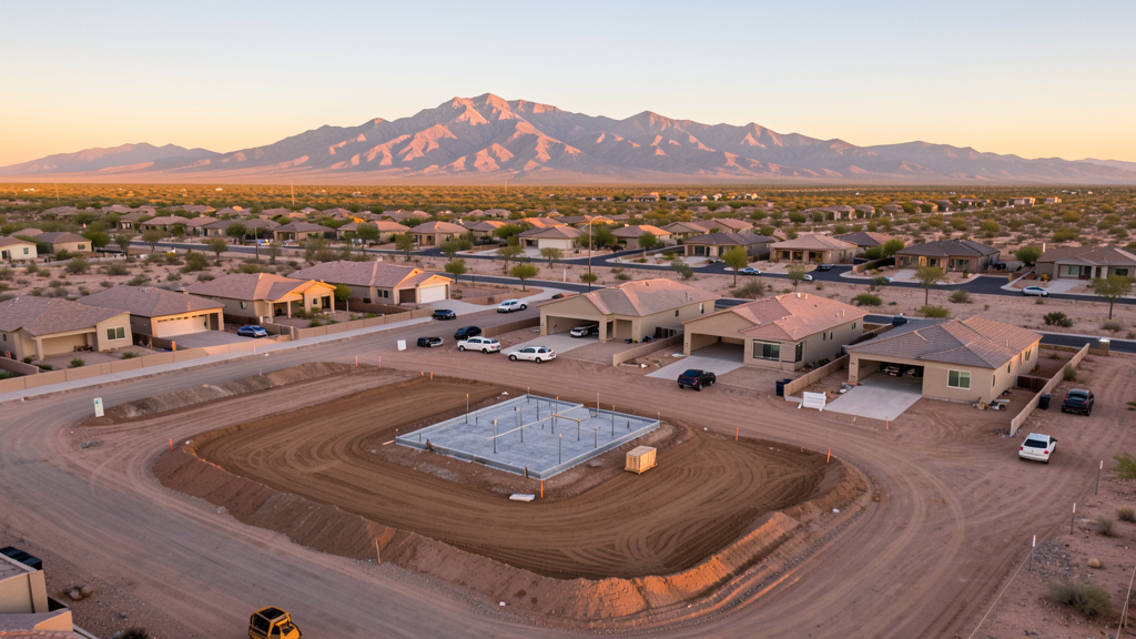 Drone survey in progress at a construction site in Sahuarita, AZ with local terrain visible