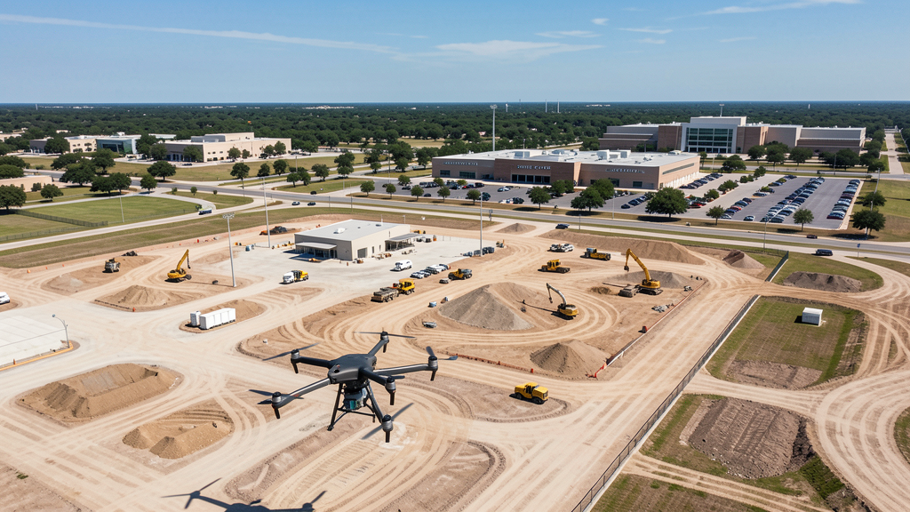 Drone survey in progress at a construction site in San Antonio, TX with local terrain visible