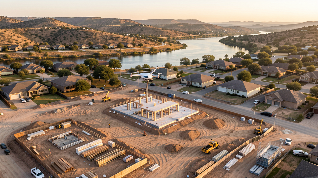 Drone survey in progress at a construction site in San Marcos, TX with local terrain visible