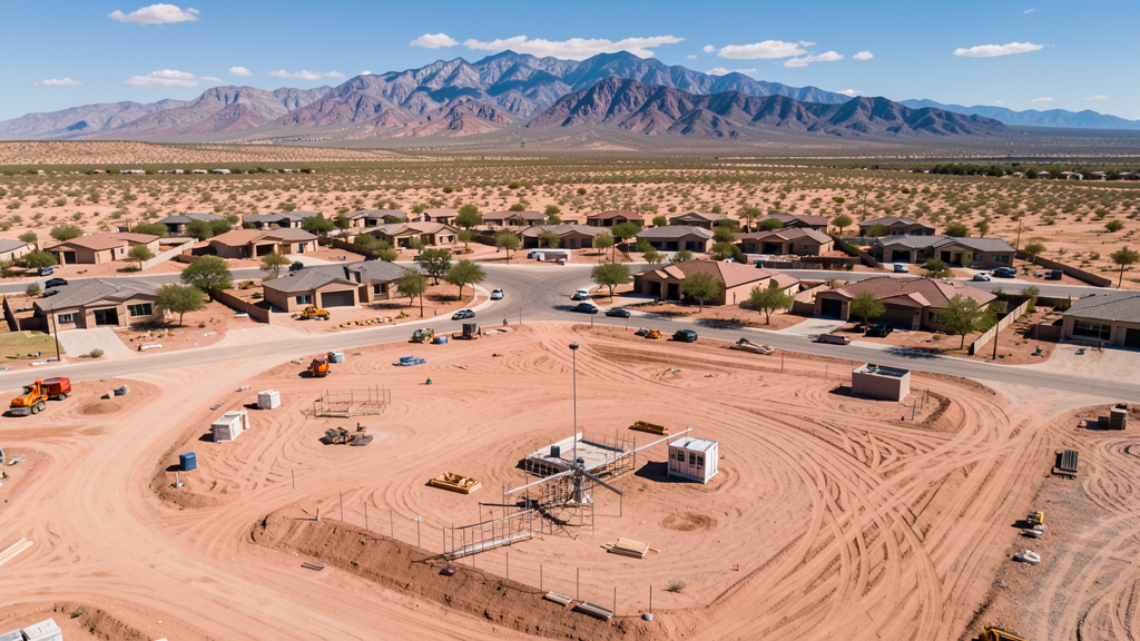 Drone survey in progress at a construction site in San Tan Valley, AZ with local terrain visible