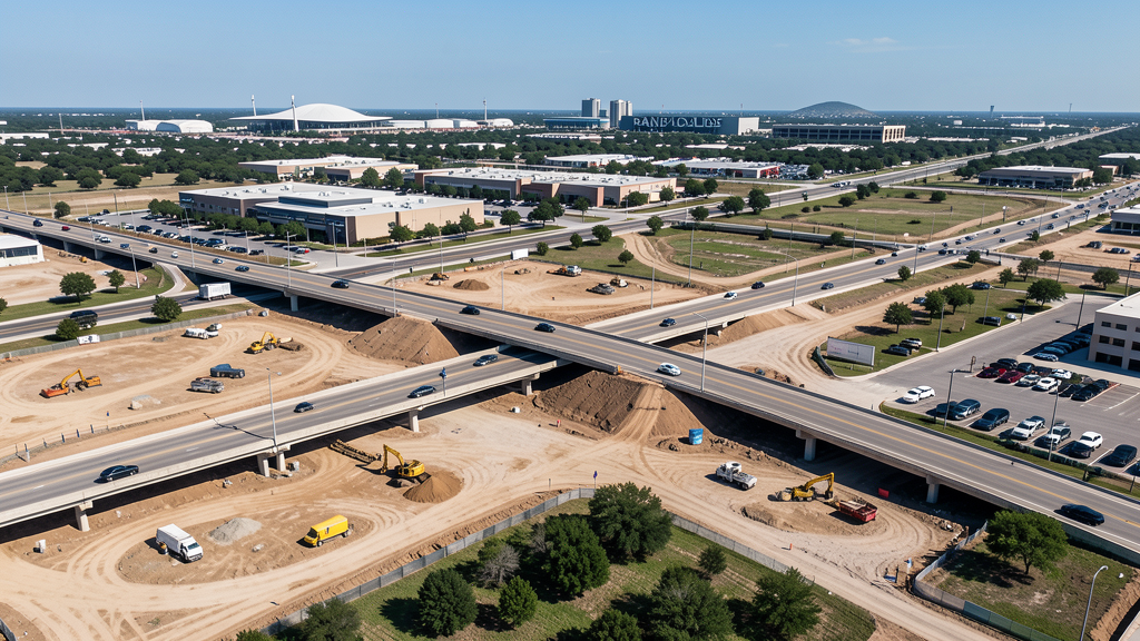 Drone survey in progress at a construction site in Schertz, TX with local terrain visible