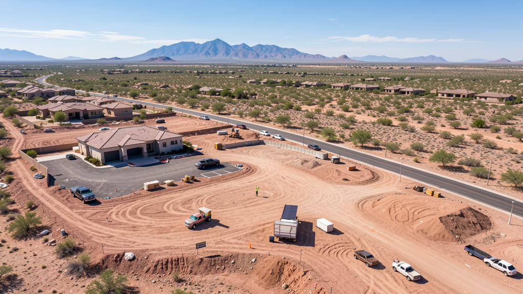 Drone survey in progress at a construction site in Scottsdale, AZ with local terrain visible