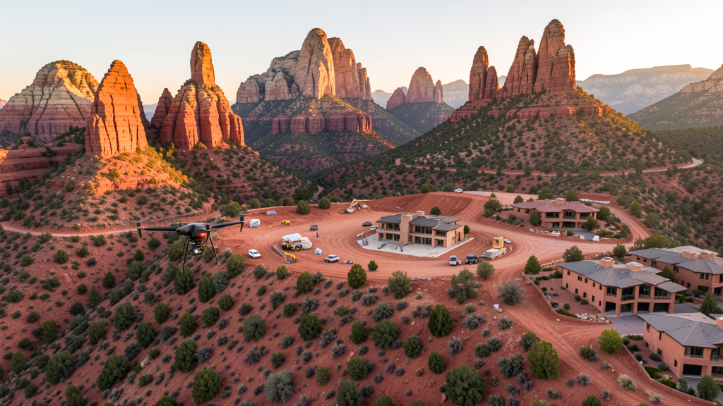 Drone survey in progress at a construction site in Sedona, AZ with local terrain visible