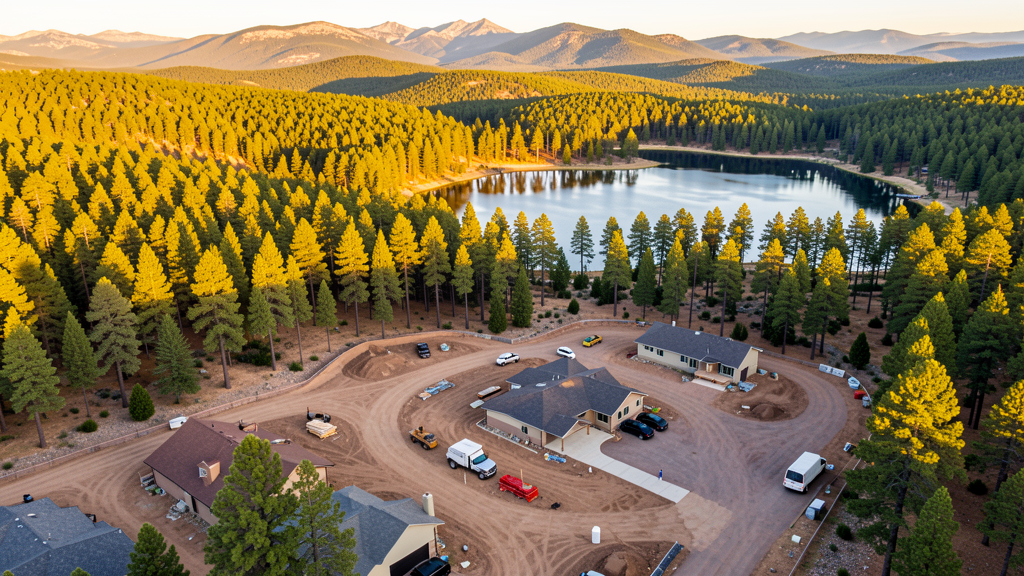Drone survey in progress at a construction site in Show Low, AZ with local terrain visible