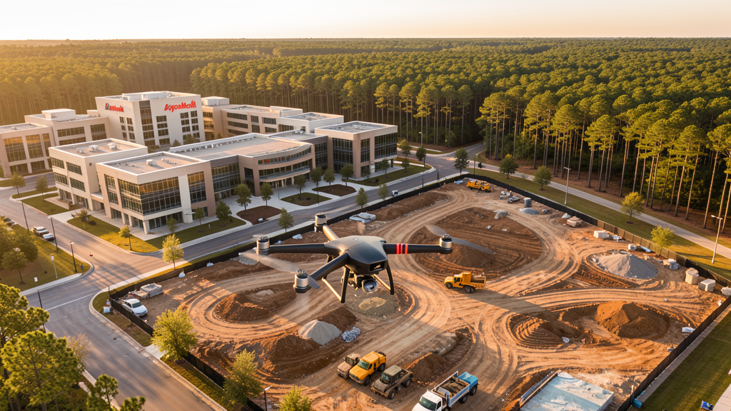 Drone survey in progress at a construction site in Spring, TX with local terrain visible