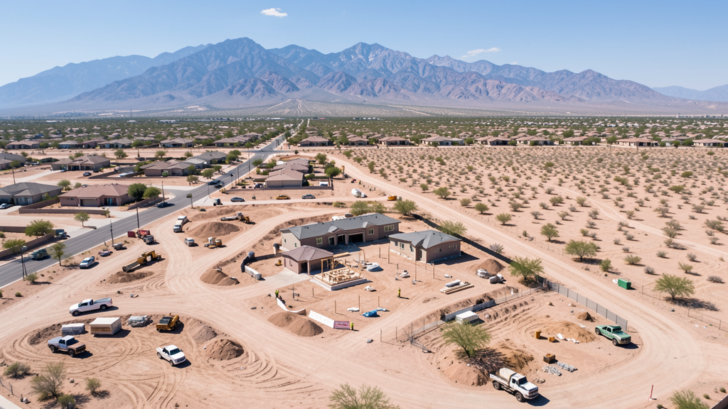 Drone survey in progress at a construction site in Surprise, AZ with local terrain visible