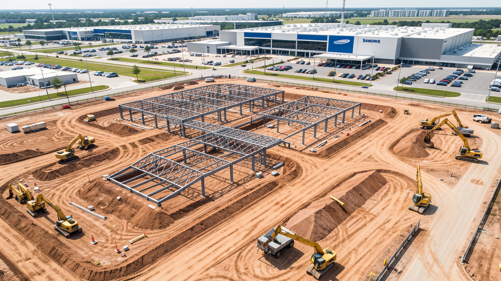 Drone survey in progress at a construction site in Taylor, TX with local terrain visible