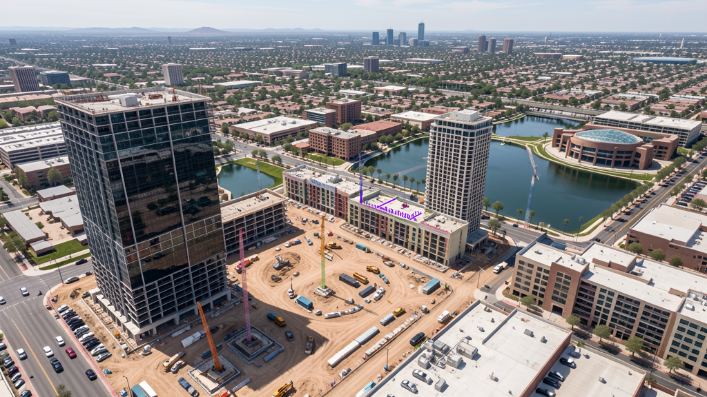 Drone survey in progress at a construction site in Tempe, AZ with local terrain visible