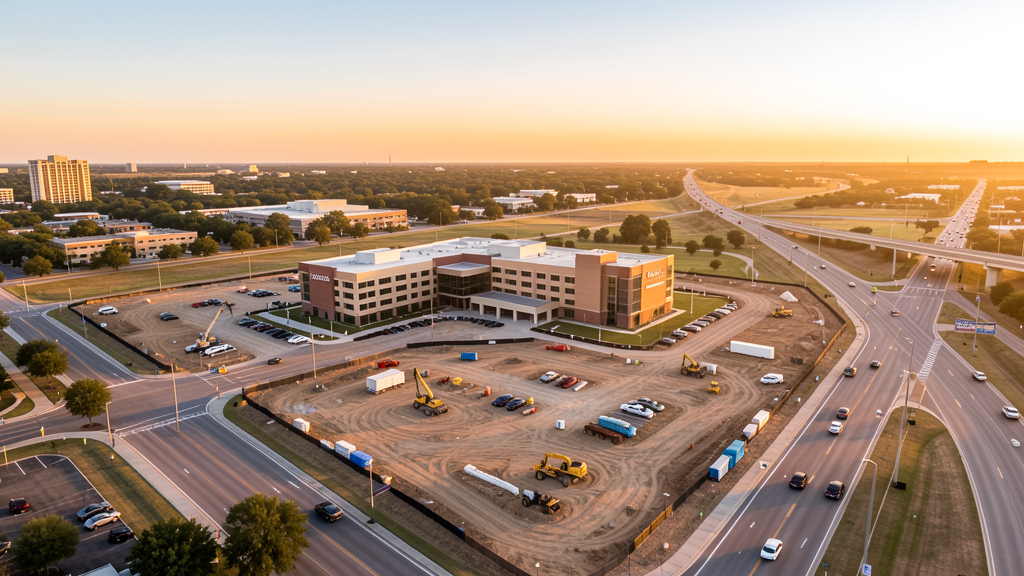 Drone survey in progress at a construction site in Temple, TX with local terrain visible