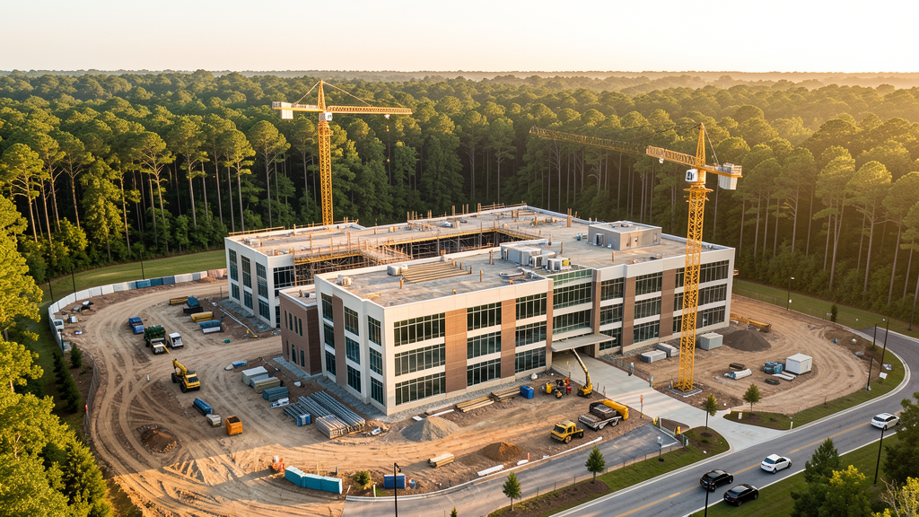 Drone survey in progress at a construction site in The Woodlands, TX with local terrain visible