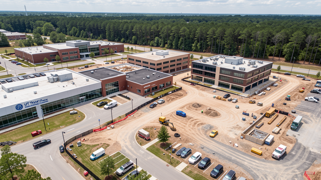 Drone survey in progress at a construction site in Tyler, TX with local terrain visible