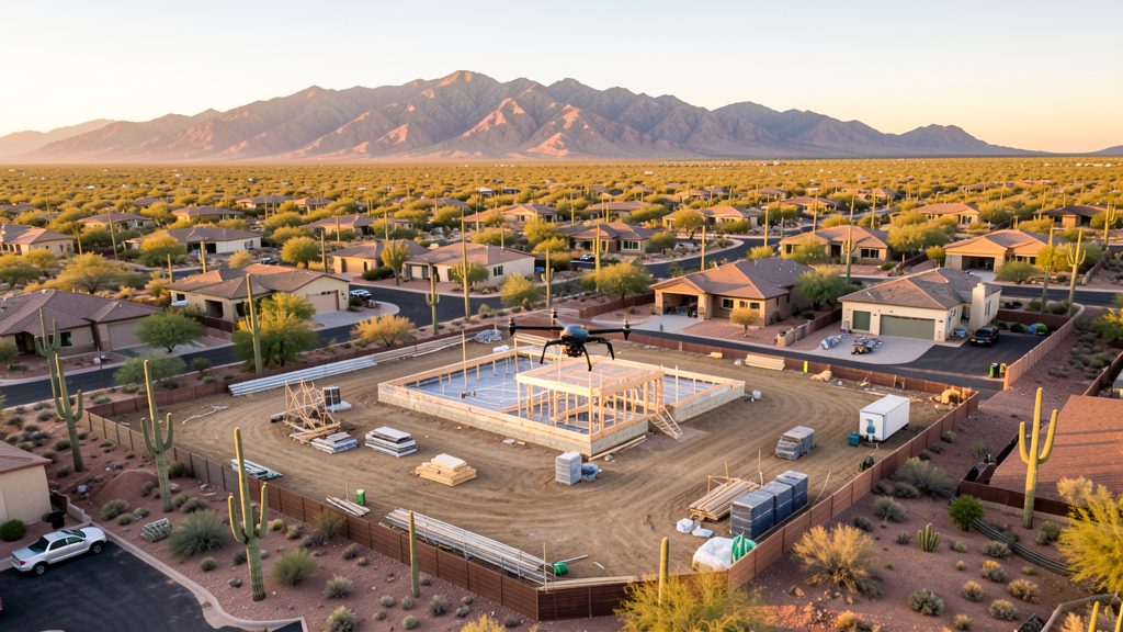 Drone survey in progress at a construction site in Vail, AZ with local terrain visible