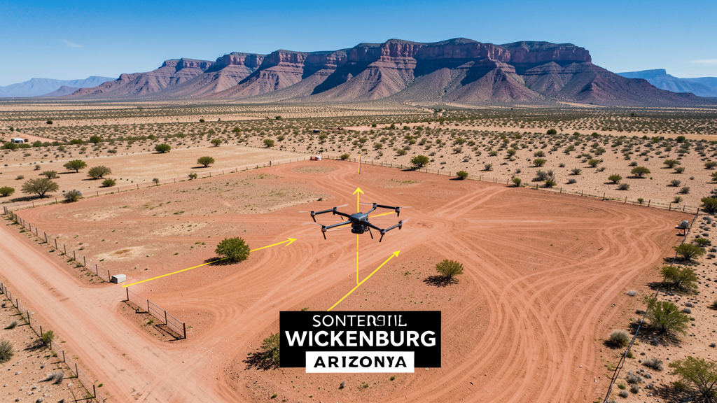 Drone survey in progress at a construction site in Wickenburg, AZ with local terrain visible