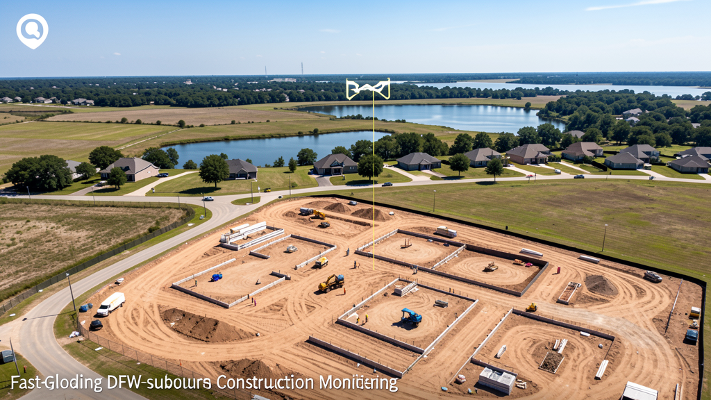 Drone survey in progress at a construction site in Wylie, TX with local terrain visible