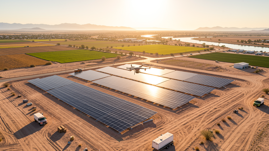 Drone survey in progress at a construction site in Yuma, AZ with local terrain visible