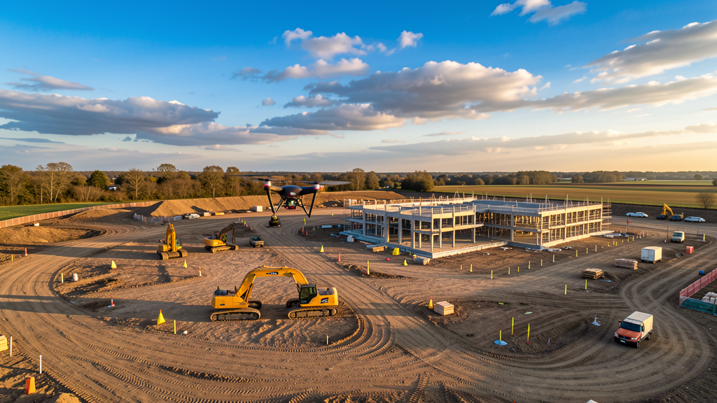 FAA-certified drone conducting an aerial survey at a construction site at golden hour