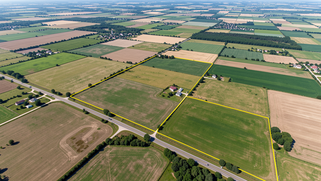 High-resolution aerial imagery survey showing farmland and property boundaries from bird's eye view