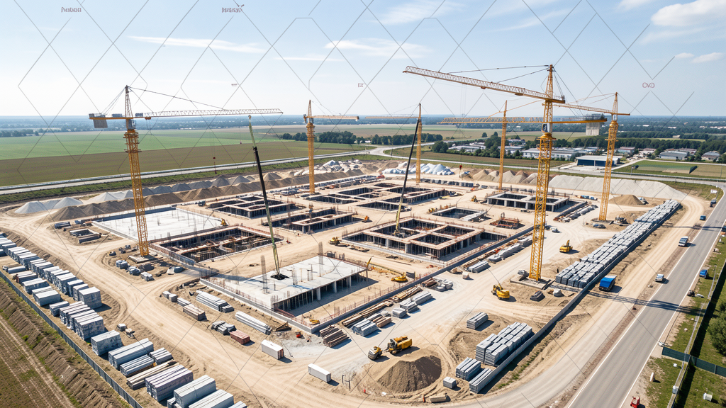 Aerial construction monitoring showing site progress with cranes and building foundations from above
