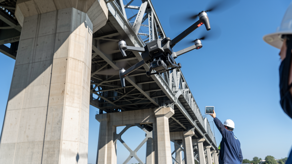 Drone inspection of bridge infrastructure with quadcopter capturing structural condition data