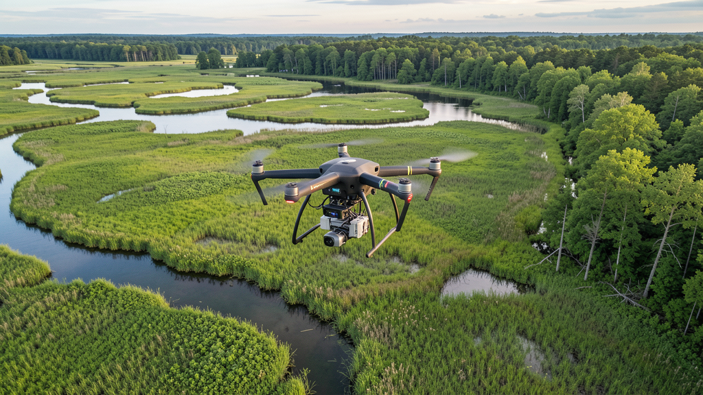 Environmental monitoring drone surveying wetlands and vegetation health from the air