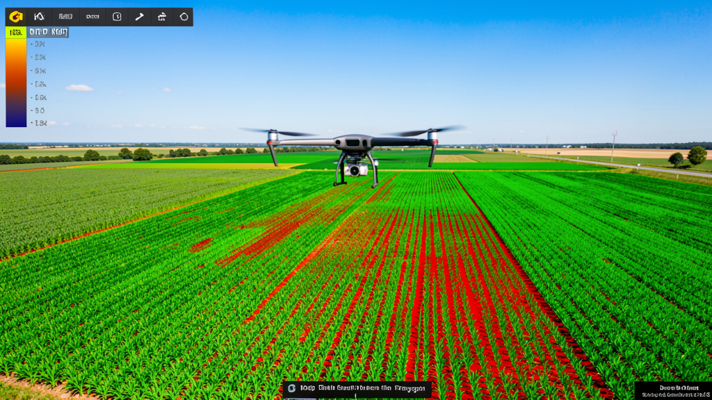 Multispectral NDVI drone crop health map showing color-coded vegetation vigor across agricultural fields with green healthy zones and red stressed areas