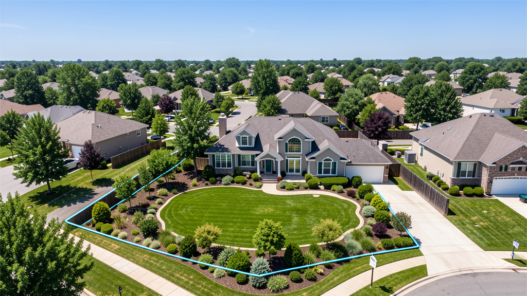 Aerial real estate photography showing property from above with yard and neighborhood context