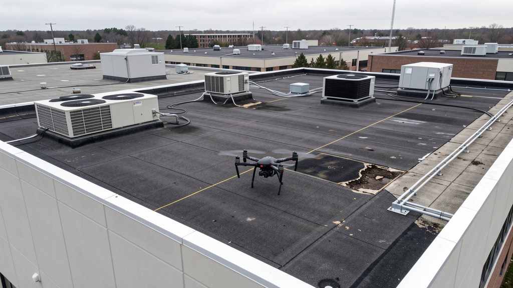 Drone roof inspection showing commercial building roof surface details and HVAC units from above
