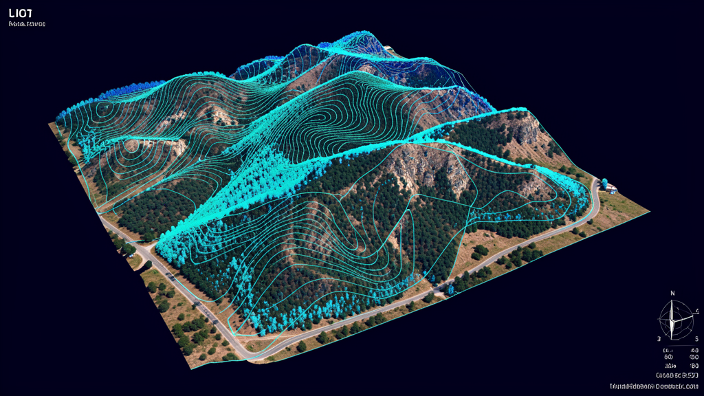 Aerial LiDAR topographic survey showing 3D terrain model with contour lines and elevation data over a rugged landscape